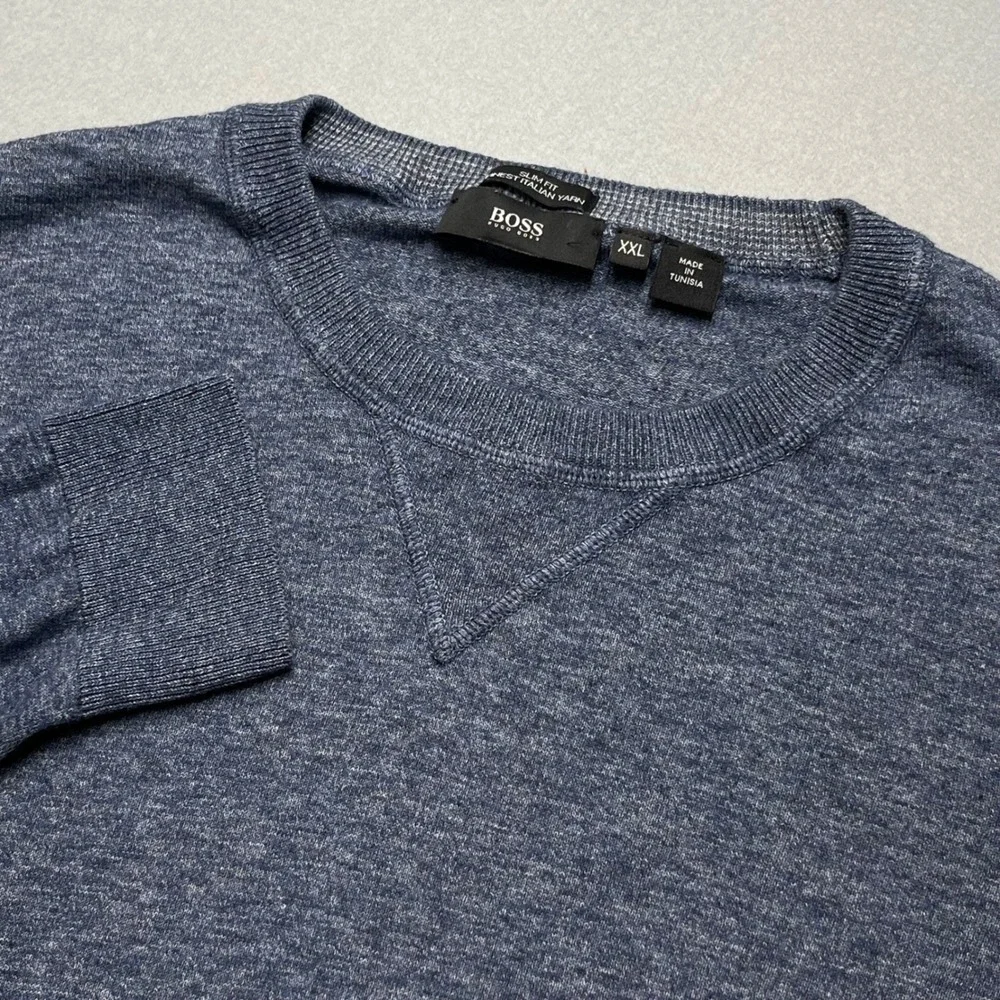 Hugo‎ Boss Slim Fit Blue Italian Yarn Crewneck Sweater Mens XXL Heathered Knit